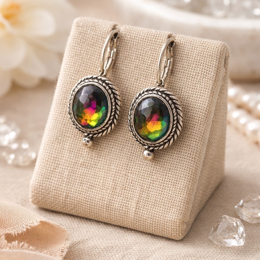 Vintage Silver Tone Mystic Topaz Drop Earrings Rainbow Oval Leverbac
